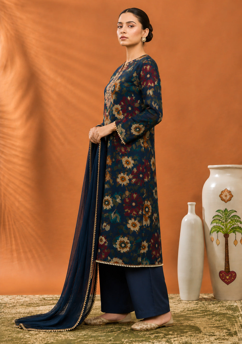 Navy Blue Midnight Bloom Unstitched Suit Set