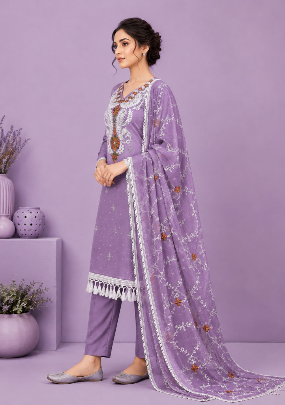 Lavender Embroidered Unstitched Suit Set with Designer Embroidered Dupatta