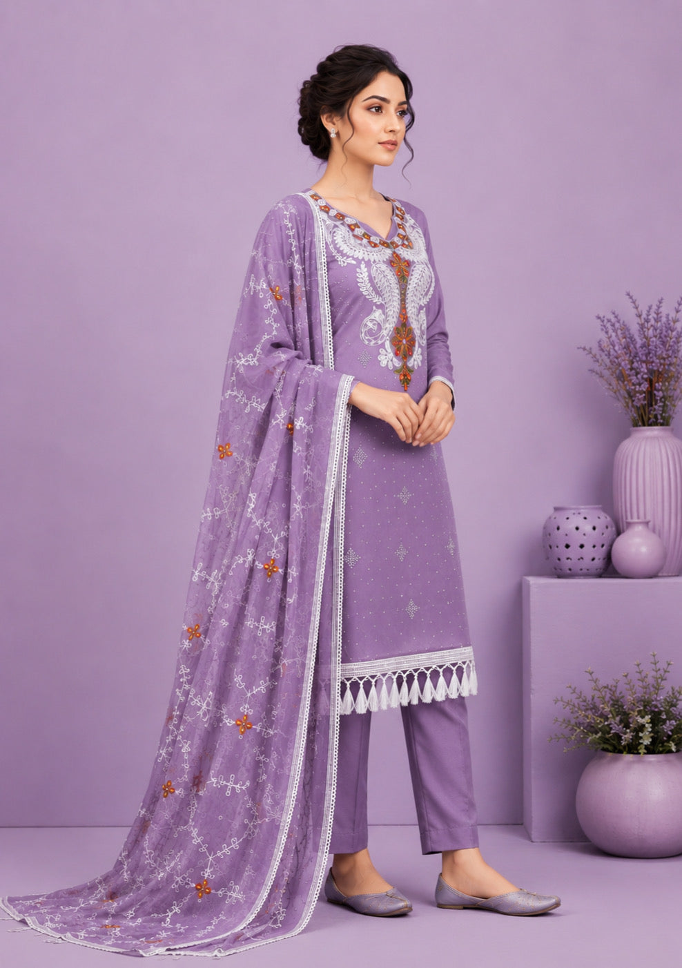 Lavender Embroidered Unstitched Suit Set with Designer Embroidered Dupatta