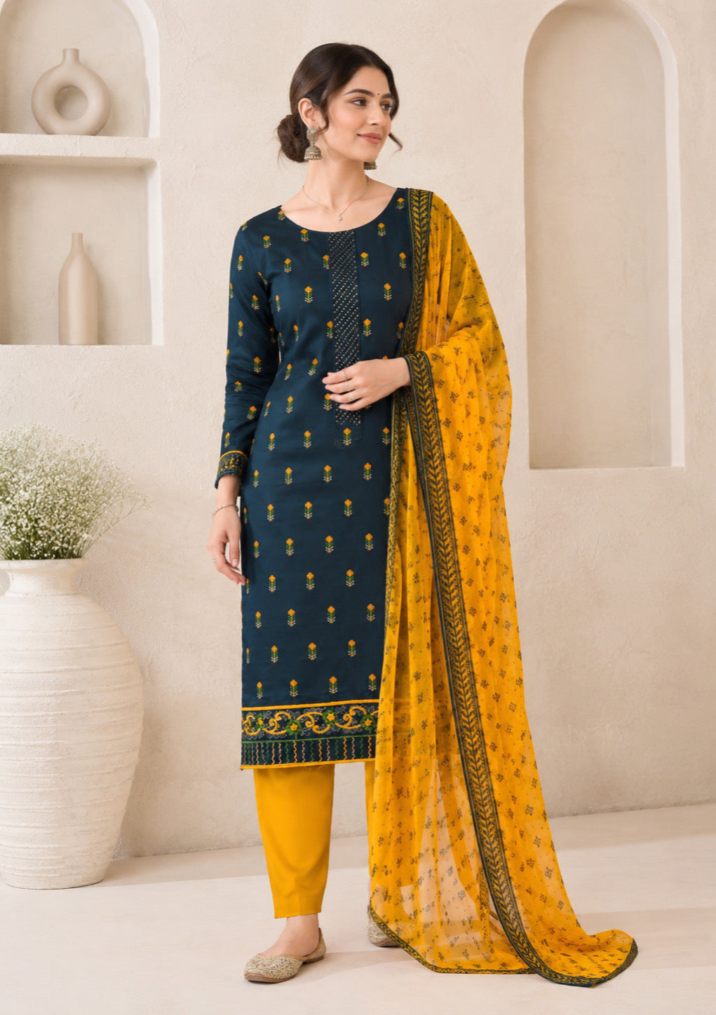 Teal Blue & Mustard Printed Unstitched Cotton Suit Dress Material