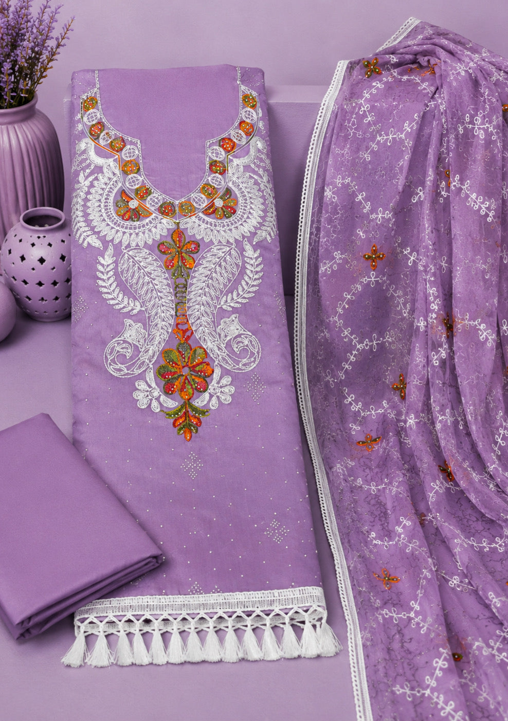 Lavender Embroidered Unstitched Suit Set with Designer Embroidered Dupatta