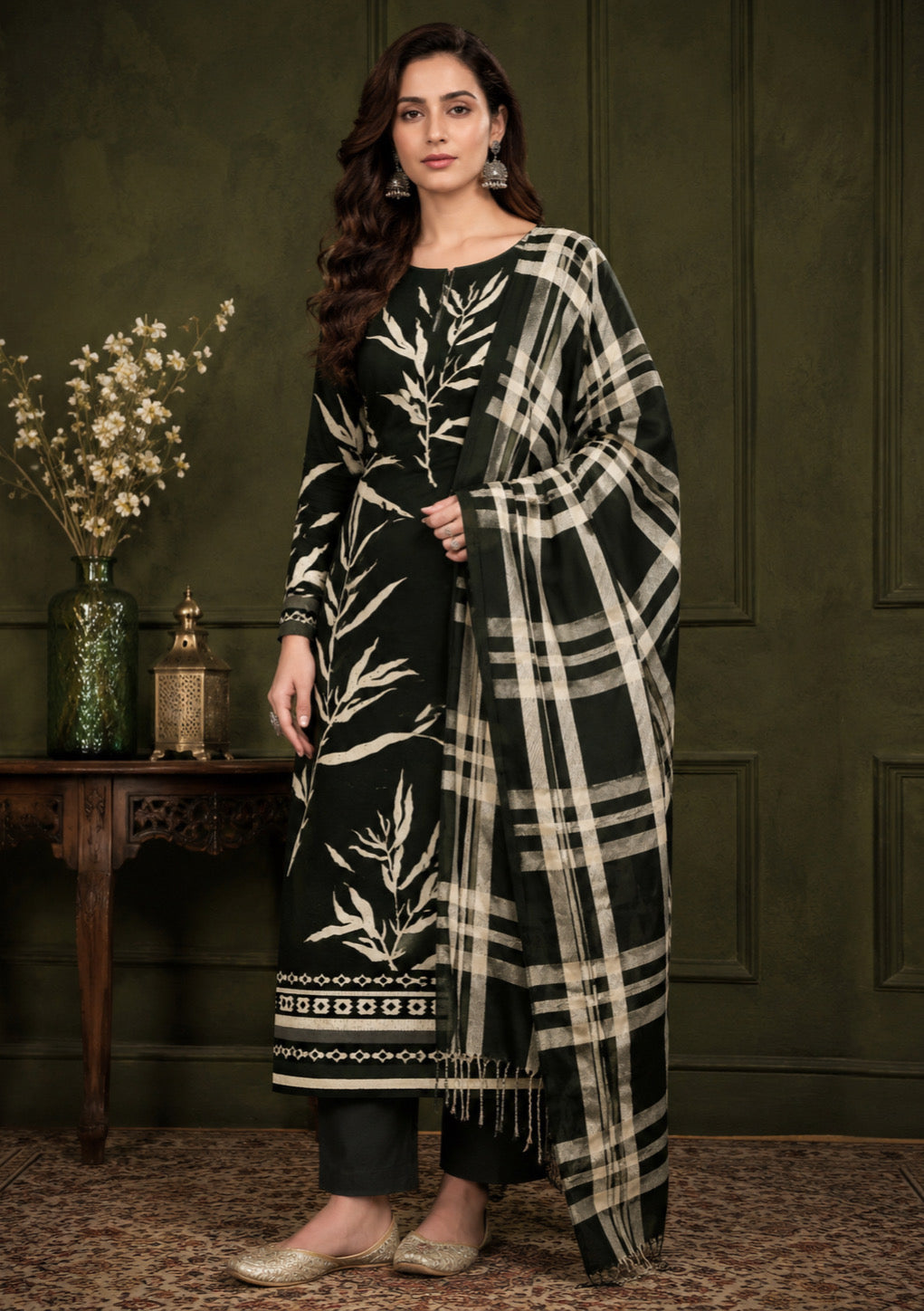 Olive Green Heritage Shawl Unstitched Suit Set