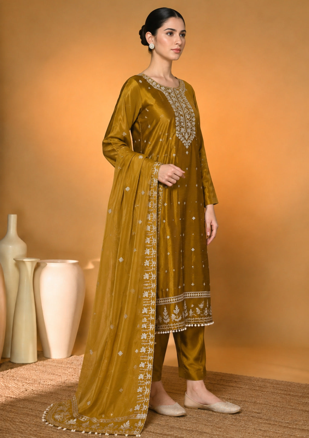 Mustard Gold Designer Embroidered Modal Silk Suit Set