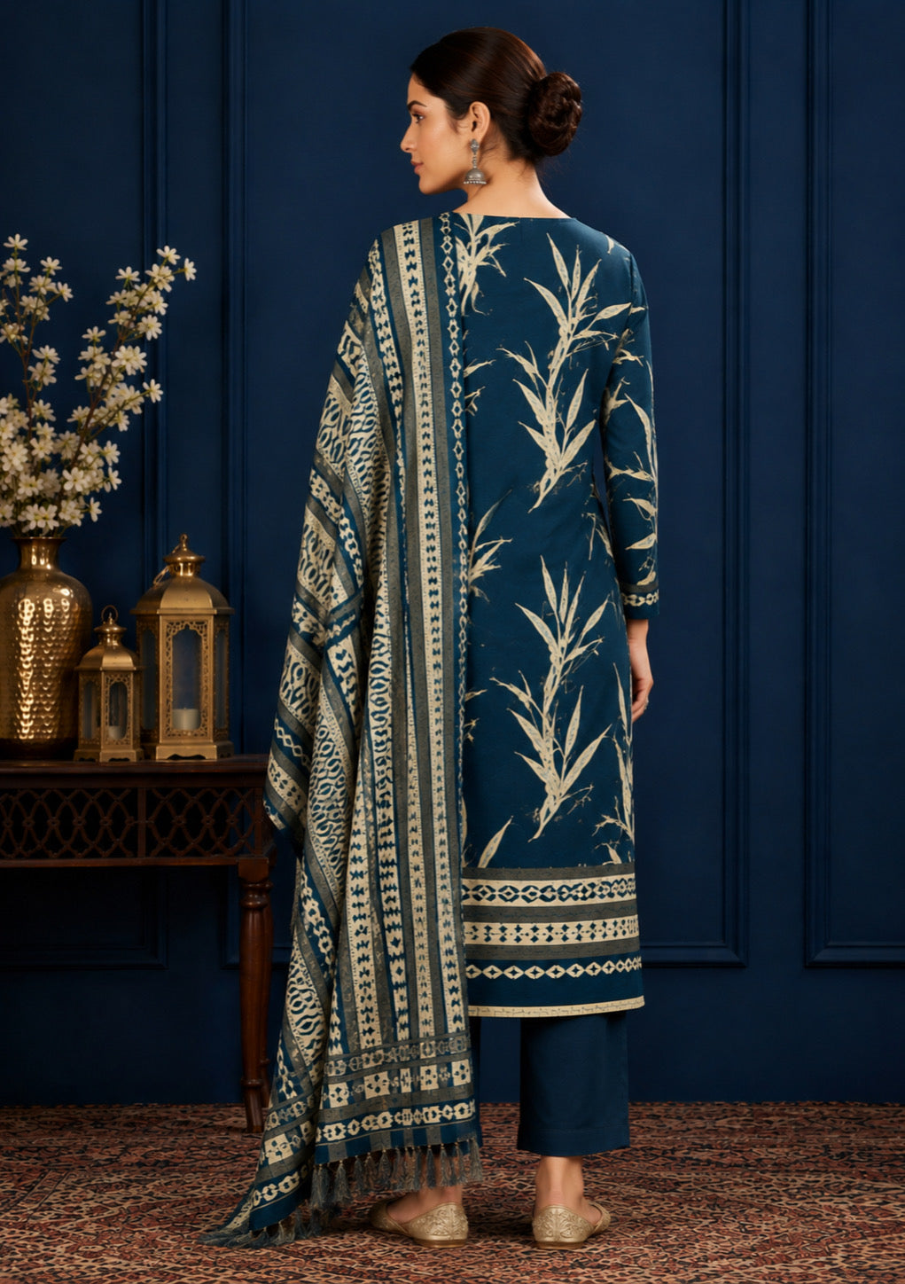 Teal Blue Heritage Shawl Unstitched Suit Set