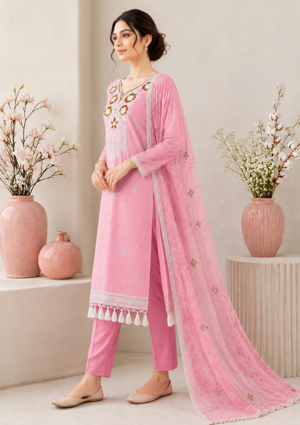 Baby Pink Embroidered Unstitched Suit Set with Designer Embroidered Dupatta
