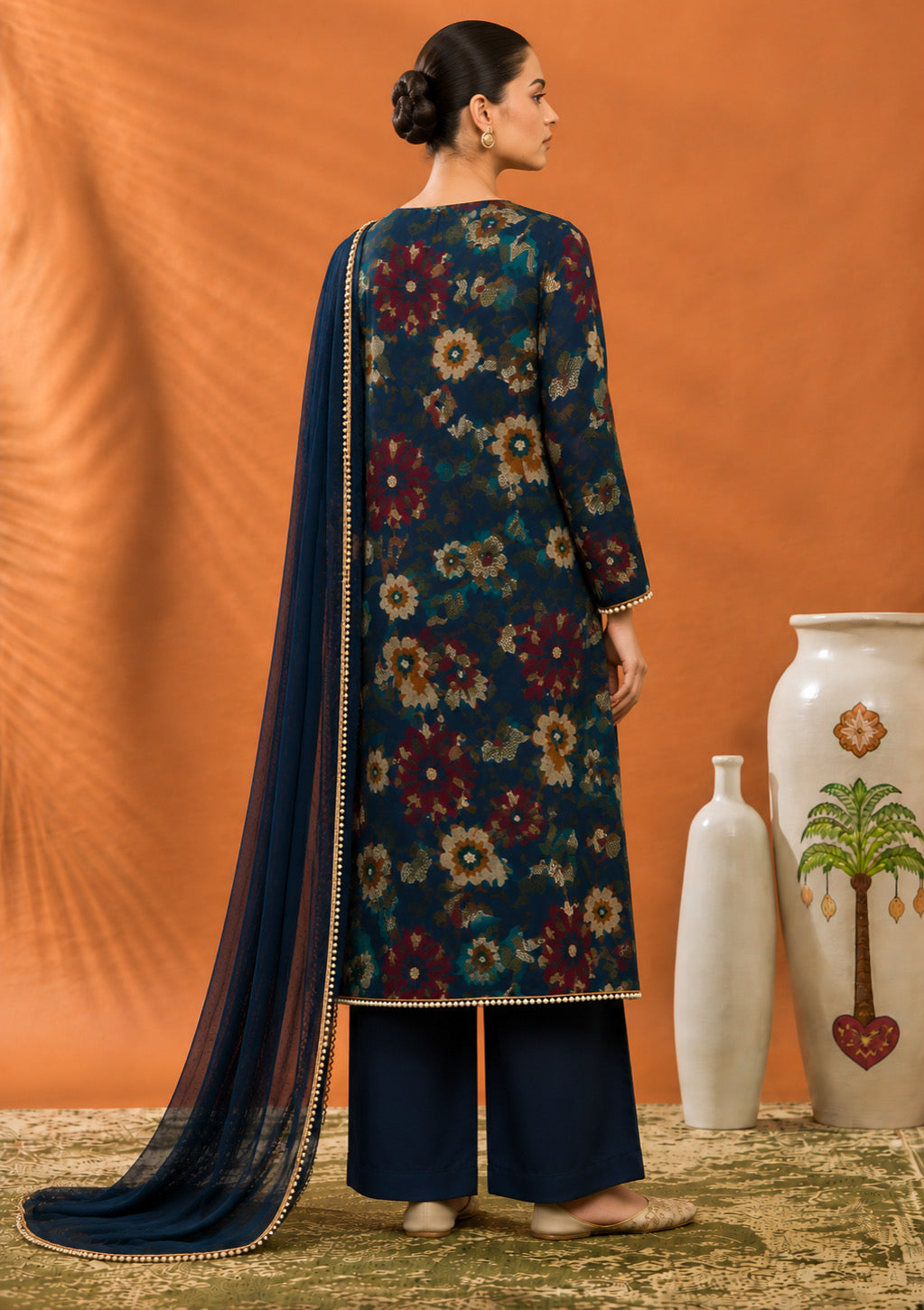 Navy Blue Midnight Bloom Unstitched Suit Set