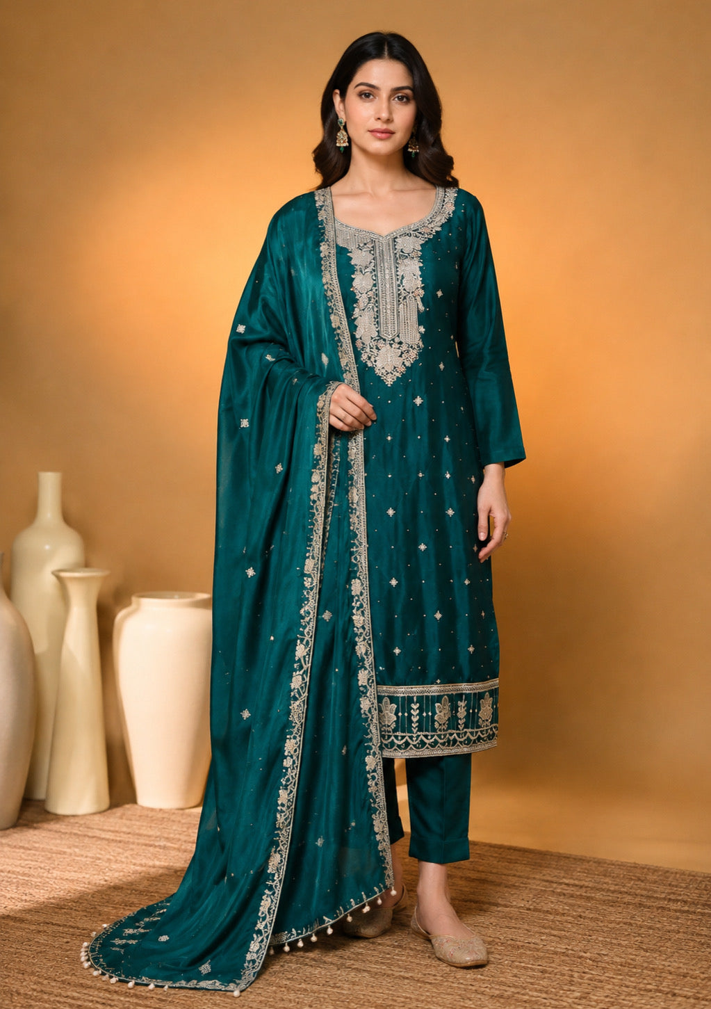 Teal Green Designer Embroidered Modal Silk Suit Set