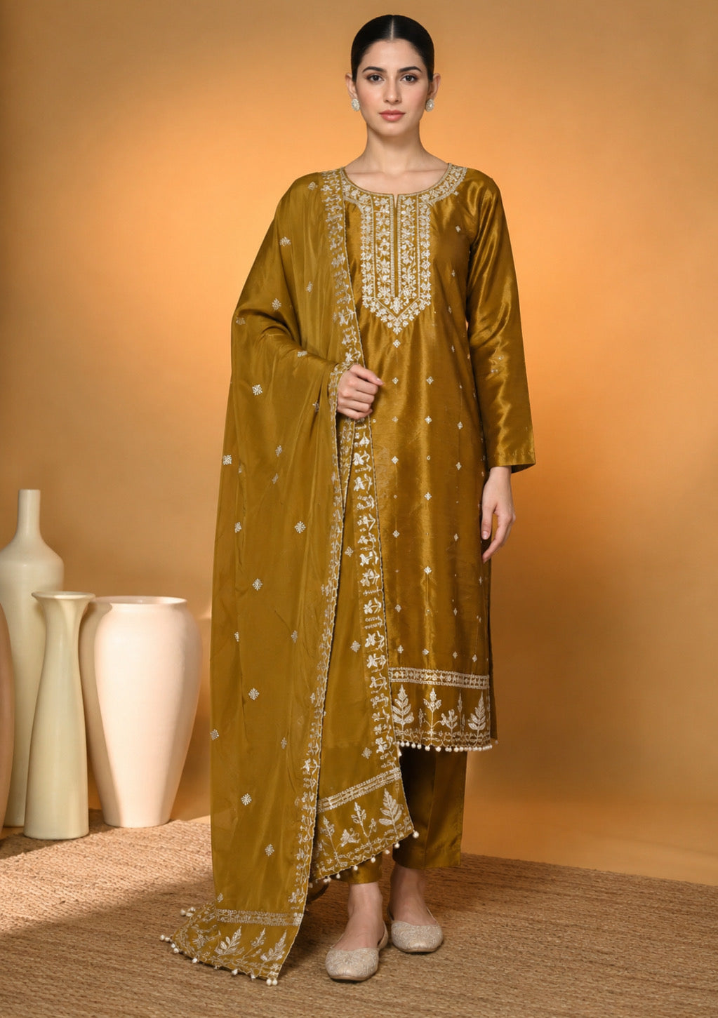 Mustard Gold Designer Embroidered Modal Silk Suit Set