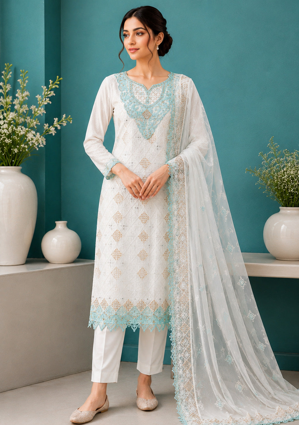 Ivory Sky Elegance Unstitched Suit Set
