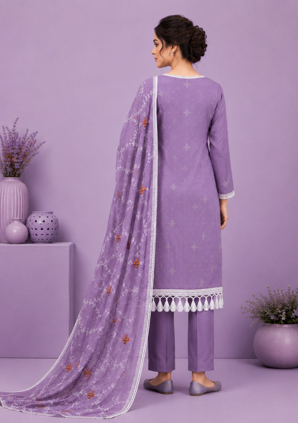 Lavender Embroidered Unstitched Suit Set with Designer Embroidered Dupatta