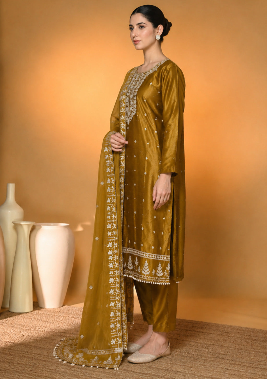 Mustard Gold Designer Embroidered Modal Silk Suit Set