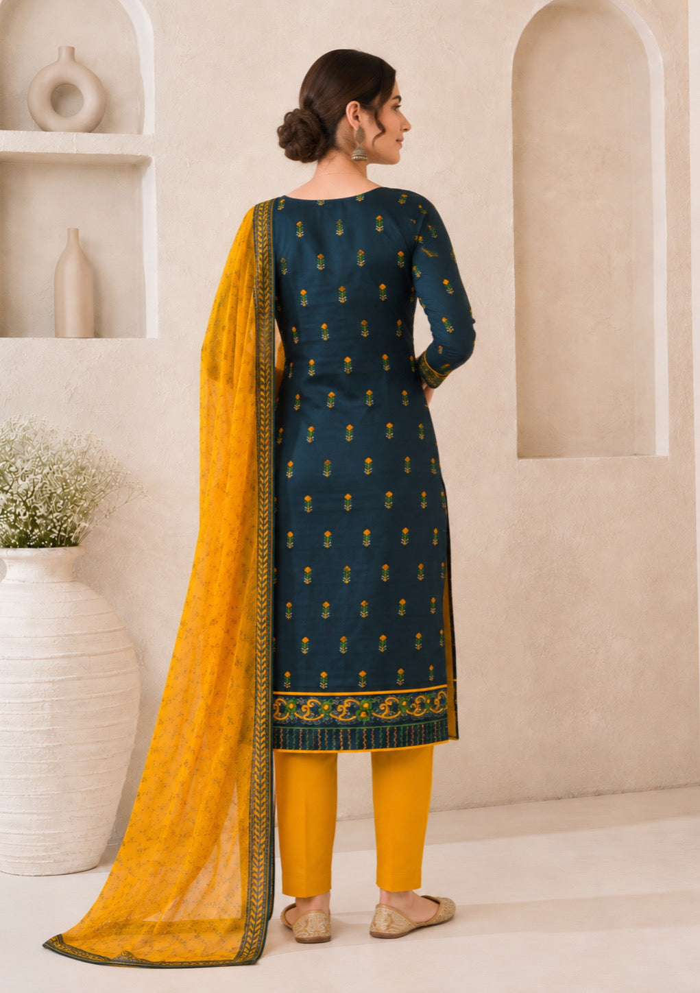 Teal Blue & Mustard Printed Unstitched Cotton Suit Dress Material