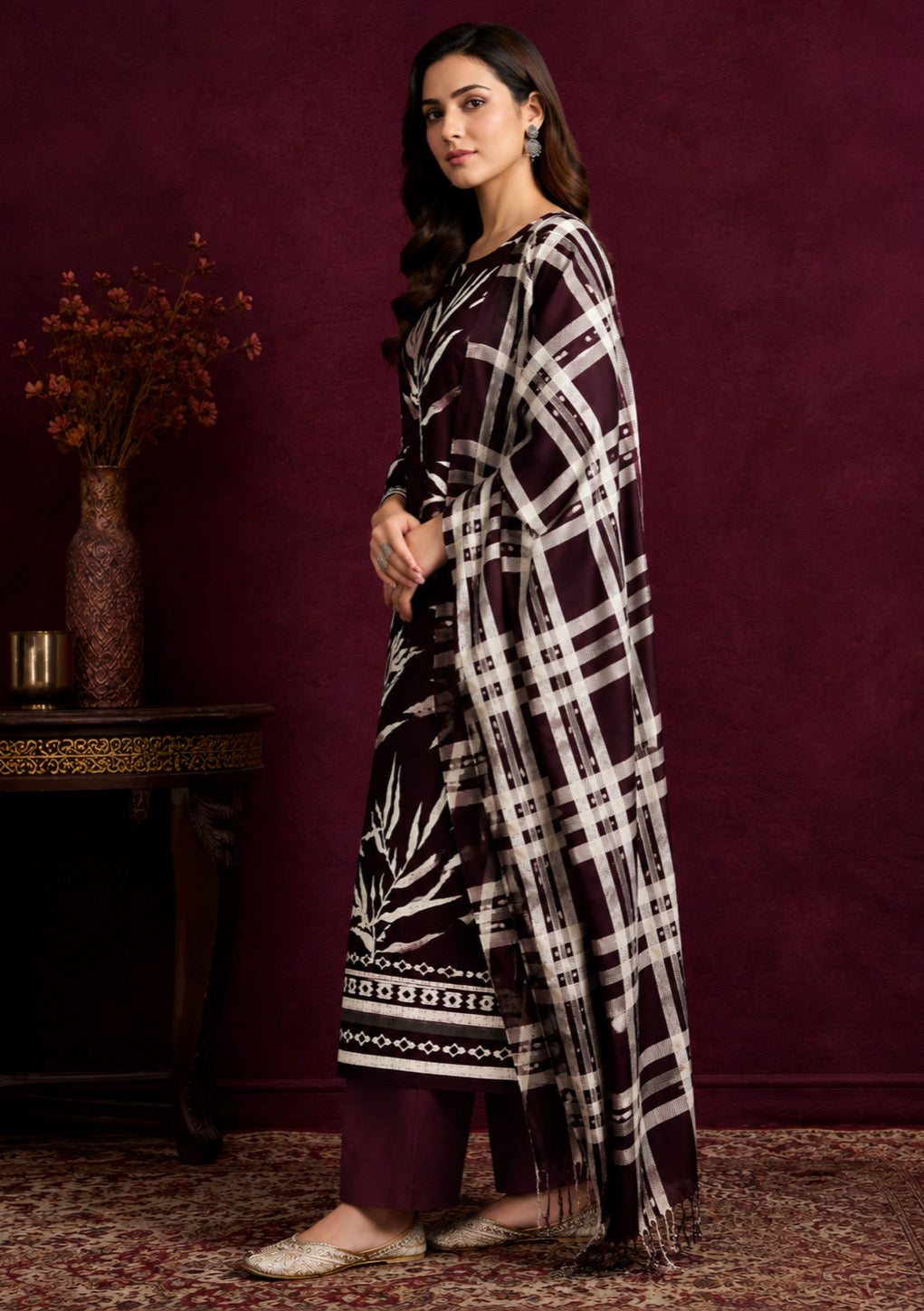 Wine Heritage Shawl Unstitched Suit Set