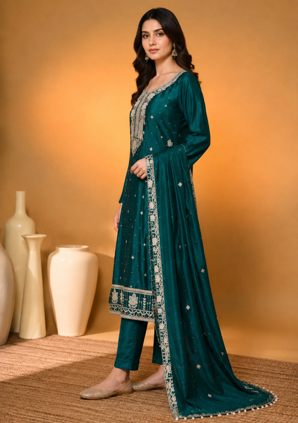 Teal Green Designer Embroidered Modal Silk Suit Set