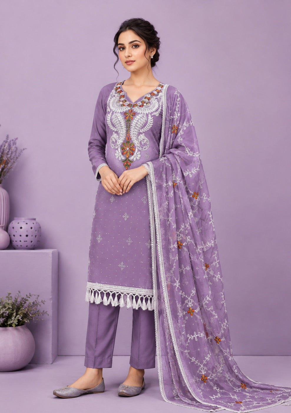 Lavender Embroidered Unstitched Suit Set with Designer Embroidered Dupatta